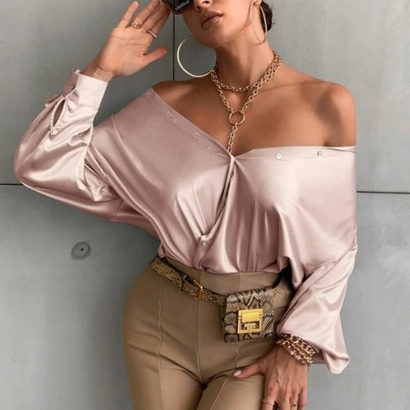 Button down Bishop Sleeve Shirt Blouse Dusty Pink - Picture 2 of 6